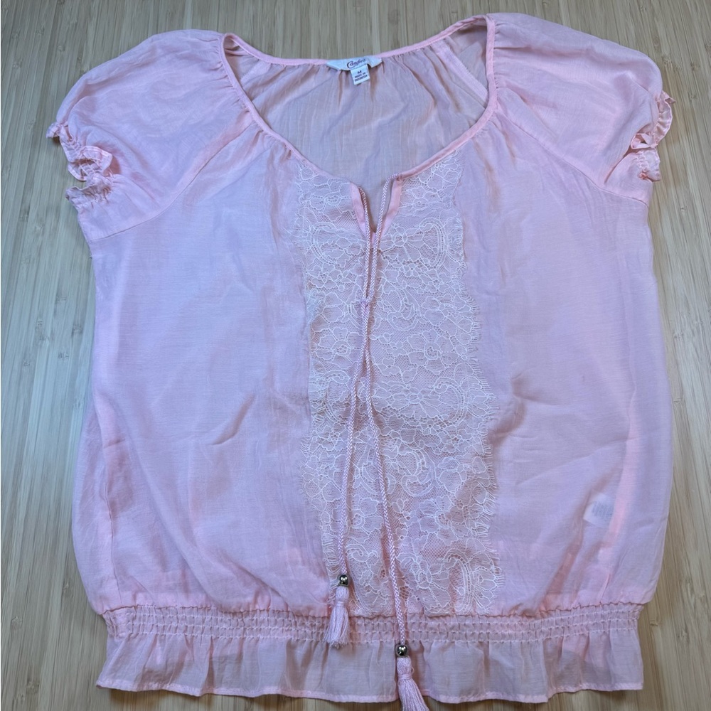Candie's Soft Pink Blouse with Lace Front Peasant Blouse with Tassel Ties Sz M